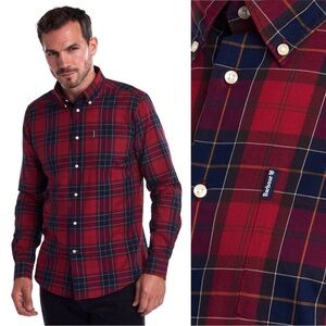 Barbour Wetheram Red Tartan Plaid Button Down Shirt Tailored Fit Mens Size L